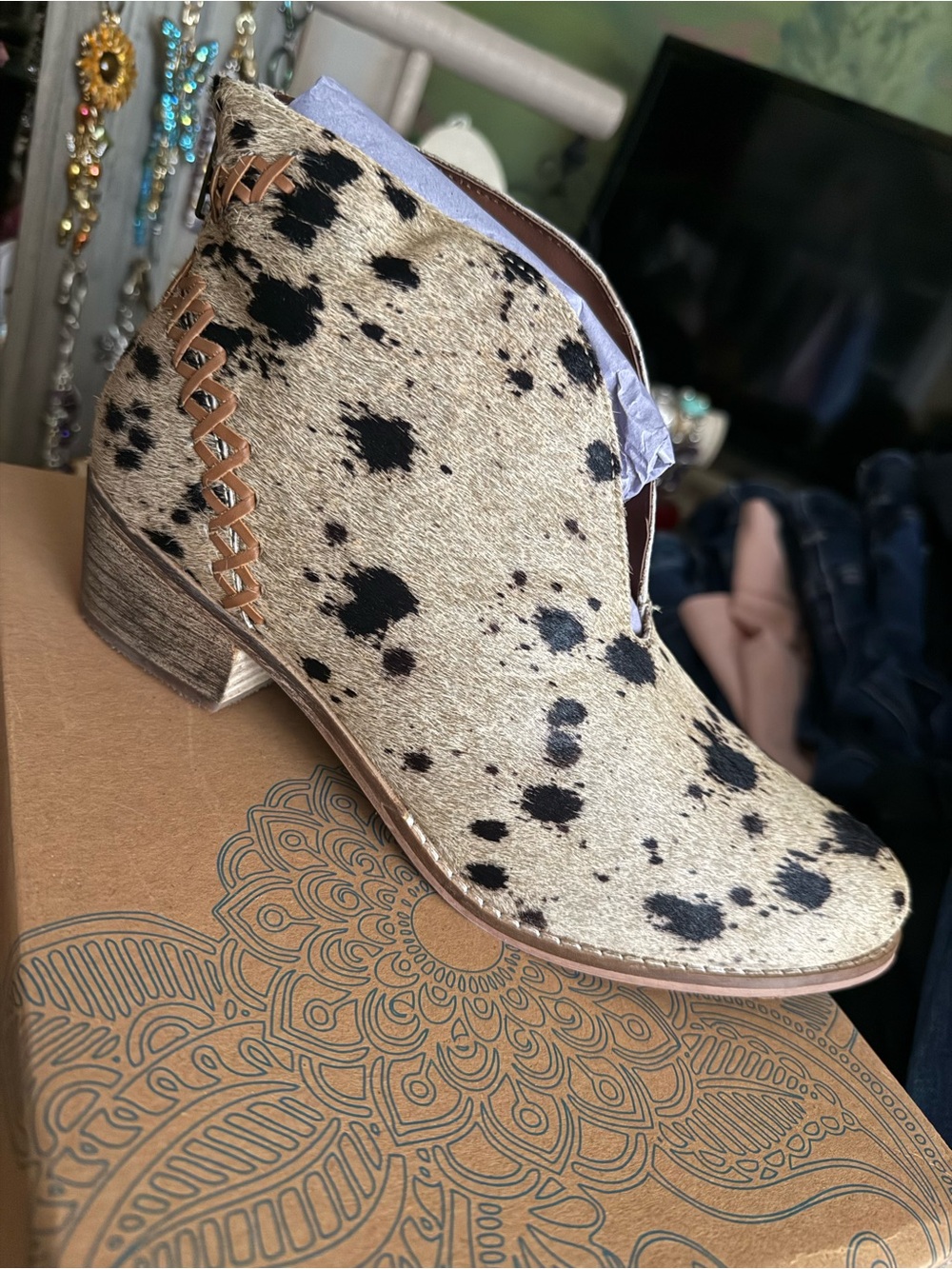 New! Naughty Monkey Spotted Cowhide Ankle Bootie in Black and Cream